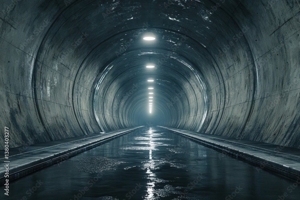 Poster dimly lit underground tunnel with water reflection in smooth concrete architecture and grayish blue 