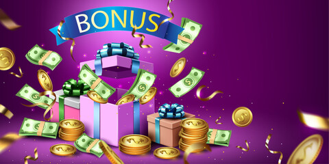 bonus,discount and business promotion celebration concept sale banner.gift boxes, money and gold coins flying glowing purple background vector illustration.