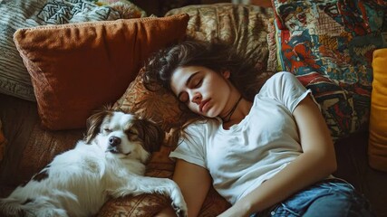 A young woman and her dog enjoy a peaceful nap together on a cozy couch surrounded by colorful pillows in a serene living room, creating a warm and tranquil atmosphere. - Powered by Adobe