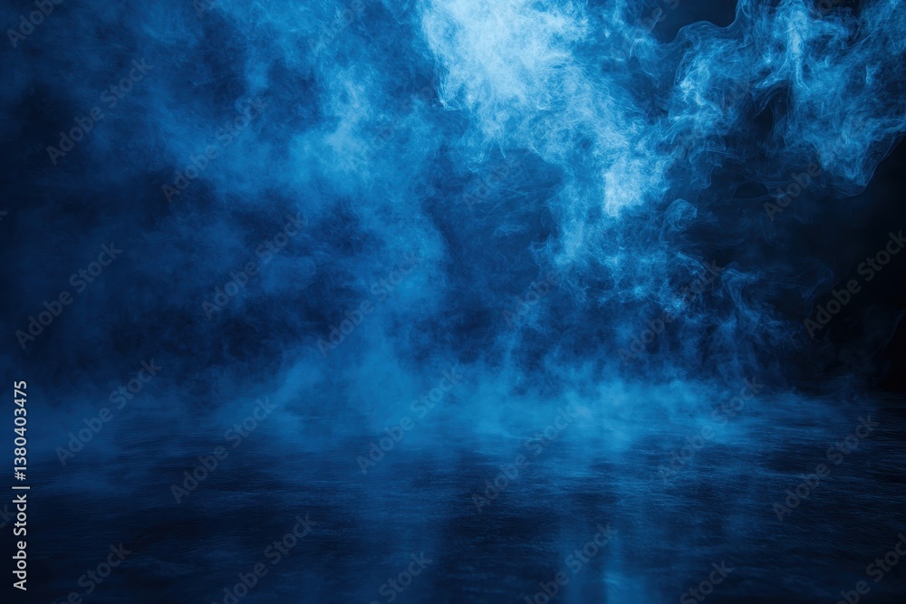 Poster dramatic blue smoke floating on reflective dark background creating an abstract atmospheric effect w