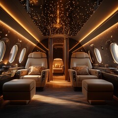 Breathtaking Interior of a Luxurious Private Jet with Elegant Lighting Plush Seating and a Sophisticated Atmosphere Exuding Exclusivity and Comfort for High End Travel and Corporate Use