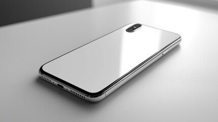 Closeup of a sleek and modern smartphone device captured in a studio setting showcasing its clean and minimalist design with a reflective white surface and subtle shadow details