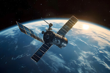 Obraz premium Space satellite with antenna and solar panels in space against the background of the earth.