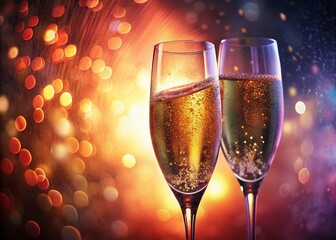 Macro Photography: Sparkling Cold Champagne Flutes, Blurred Background