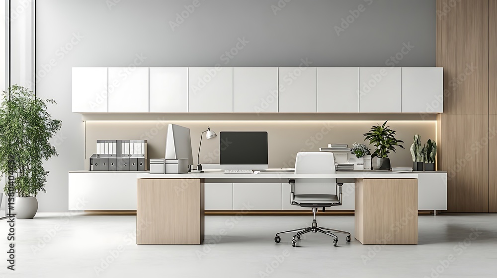 Poster modern home office minimalist design with neutral tones clean lines for workspace is both functional