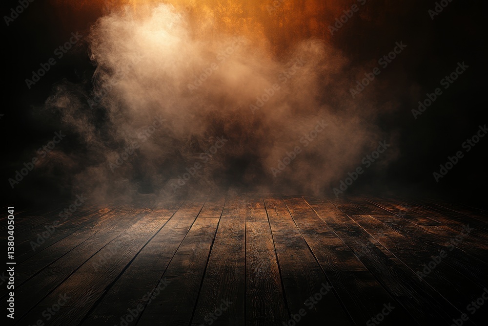 Poster dramatic dark wooden floor with fog and lighting effects in a studio setting, creating an abstract a