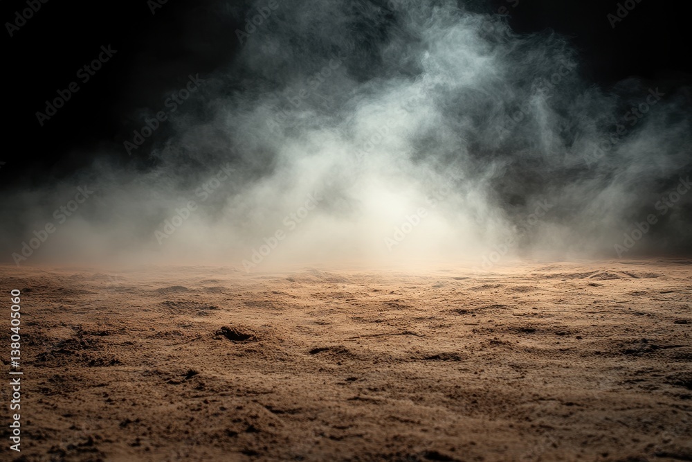 Poster Dramatic Dusty Ground with Light Rays in Dark Backdrop Abstract Texture with Brown Sand Particles Ground Surface Perfect for Desert or Atmospheric Scene