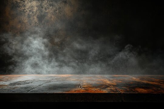 Dramatic Dark Textured Background with Wooden Tabletop and Atmospheric Lighting for Product Photography and Digital Composition