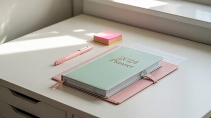 Elegant 2024 Planner on Modern Desk with Stationery Accessories