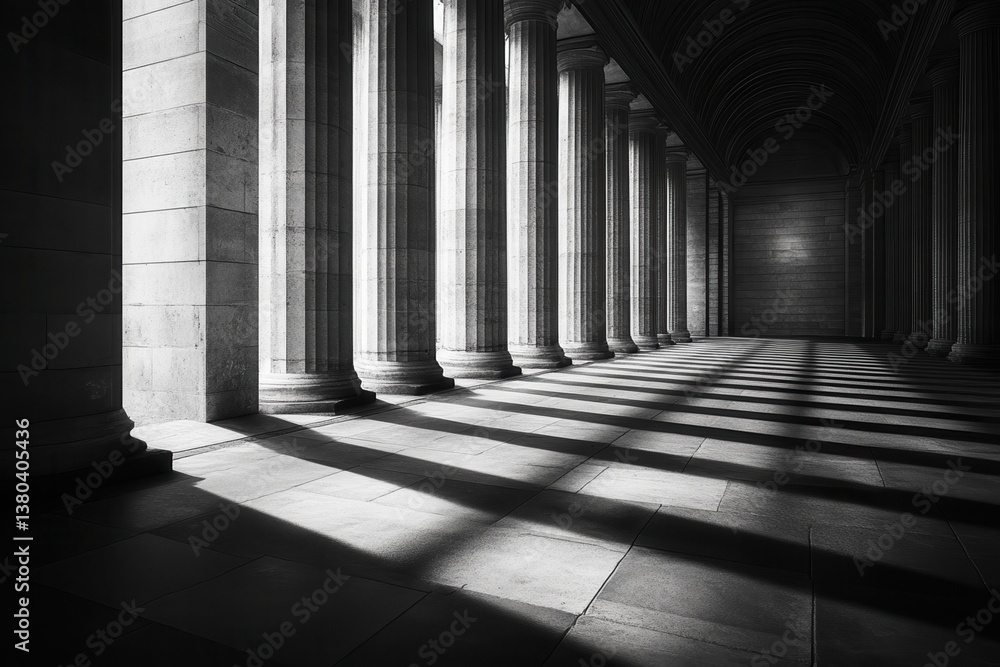 Fototapete Dramatic Shadows in Grayscale Hallway with Stone Columns and Geometric Floor Pattern in a Classical Architectural Style Featuring Repeating Pillars