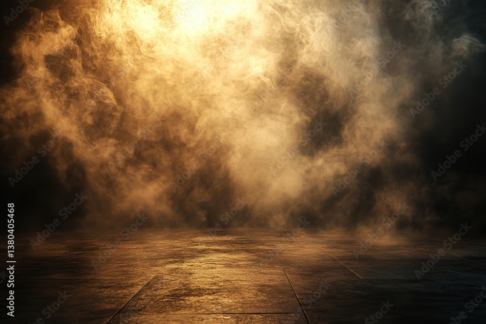 Poster Dramatic Smoky Background with Golden Light Effect on Dark Floor for Abstract Texture or Stage Design