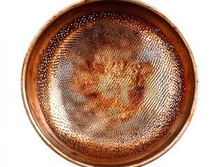 Old Metal Colander on White Background Showing Wear and Tear
