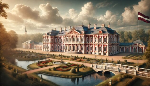 Rundale palace with latvian flag waving in golden hour sunlight