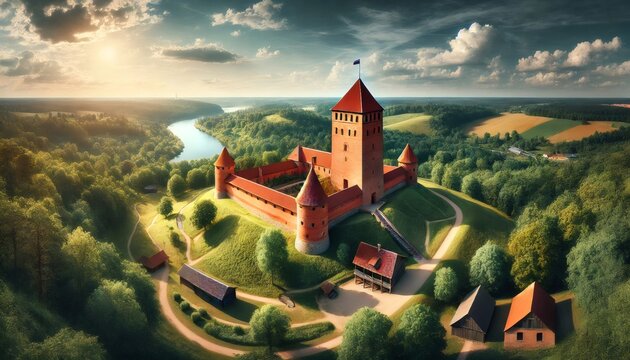 Taurage castle standing majestically on a hilltop at sunset, lithuania