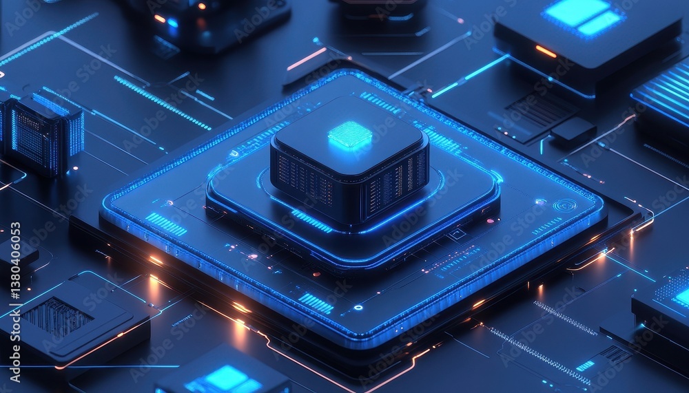 Poster Electronic Microchip Circuit Board with Blue Lights and Intricate Structure in a Technology Concept Background