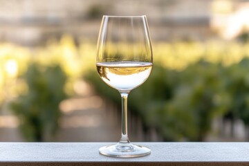 Elegant glass of white wine stands against lush vineyard backdro