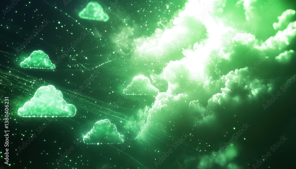 Fototapete Emerald Cloudscape a Technological Depiction of Cloud Computing in Green Hues with Abstract Data Networks Against a Sky Background