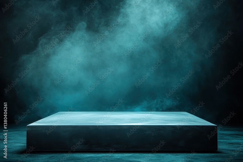 Poster empty dark blue podium stage with foggy smoke background for product display or presentation in stud