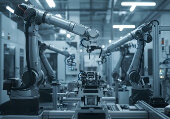 Robotic Arms in Modern Factory Assembly Line, Automation Technology, Industry 4.0, Production Process.