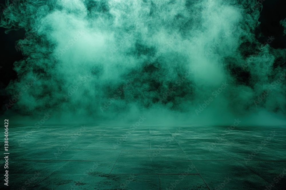 Aufkleber Ethereal Green Fog and Mist on Textured Surface Creates Atmospheric Backdrop For Stage Presentation and Abstract Design with Dark Moody Tone and Empty Space