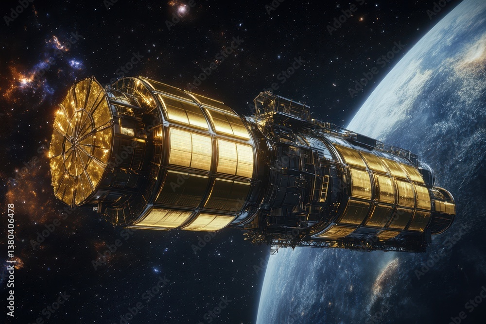 Poster advanced spacecraft orbits earth revealing intricate design and technology in space setting