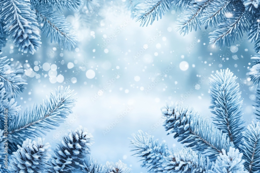 Poster frosted pine branches with snowflakes on light blue gradient background representing winter season c