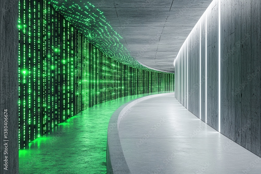 Aufkleber futuristic concrete corridor with glowing green lights and perspective view in minimalist architectu