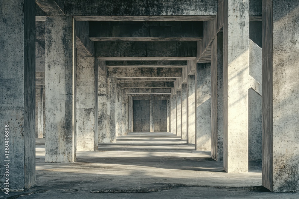Leinwandbilder Geometric Concrete Pillars Creating Tunnel Perspective with Shadows and Light Construction and Architecture Design Featuring Gray Tones and Industrial Urban Setting
