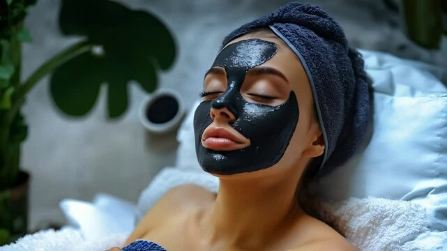 A woman enjoys a calming facial treatment, applying a clay mask that enhances relaxation and promotes skin health. The tranquil atmosphere aids in her rejuvenation process.