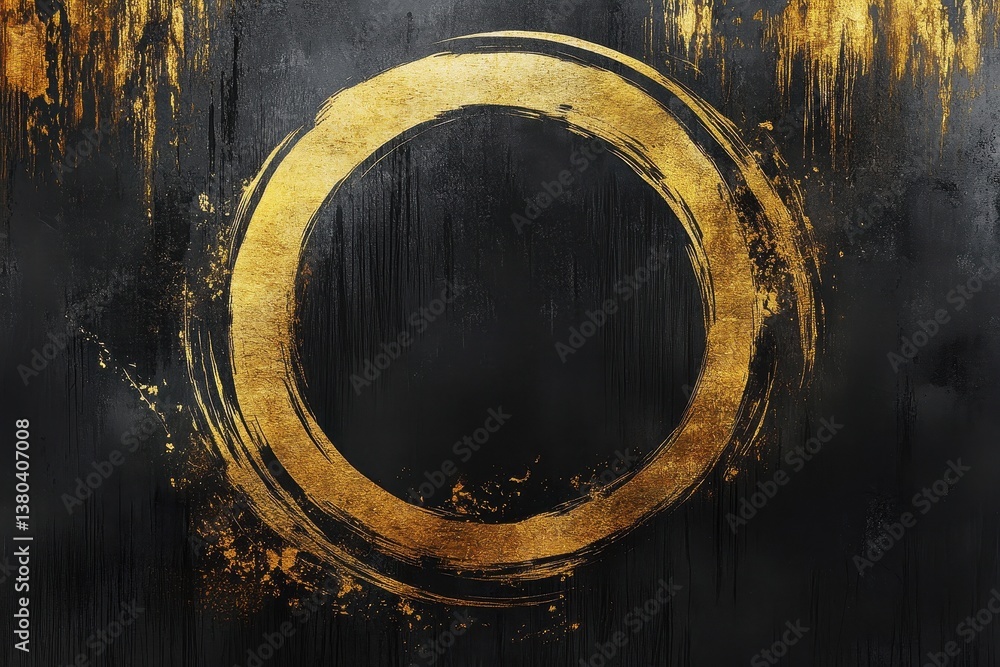 Aufkleber Golden Circle with Metallic Texture on Dark Backdrop for Modern Abstract Design and Luxury Art with Brush Stroke Effects