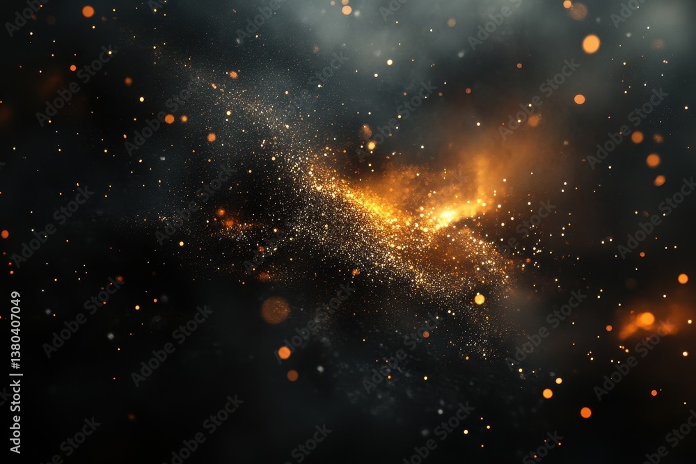 Poster Golden Explosion of Abstract Particles in Black Space Background with Bokeh Lights and Dark Theme Perfect for Creative Projects and Artistic Designs