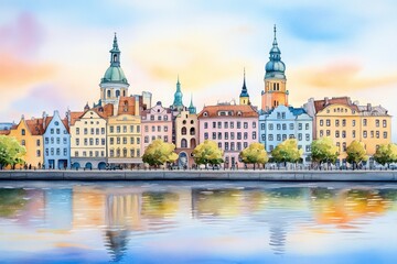 Obraz premium A soft watercolor painting of Riga skyline at dusk, with warm pastel hues in the sky