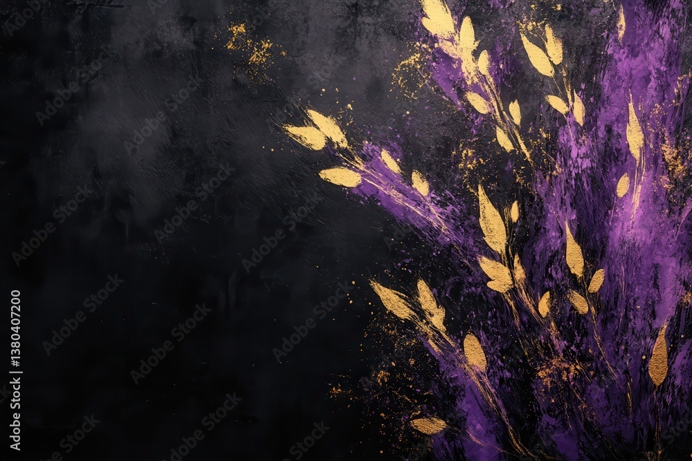 Aufkleber golden leaves and purple watercolor splashes on a black textured background creating an abstract and