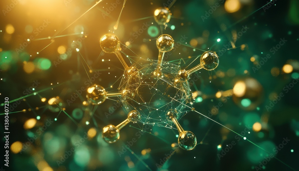 Poster golden molecular structure of virus on a green background with bokeh lights depicting scientific and