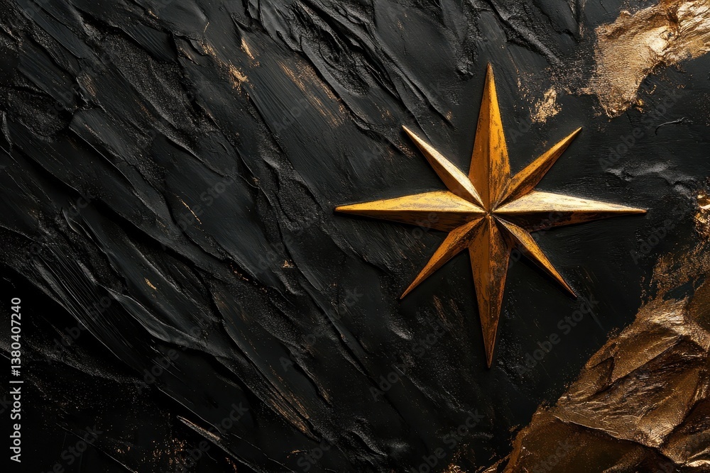 Aufkleber golden star on textured black background with glitter and sparkle for festive design and elegant bac
