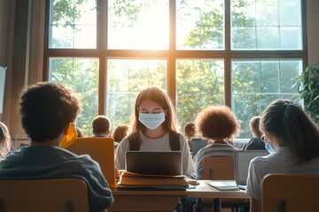 Teacher and Student in Classroom with Laptops and Face Masks Emphasizing Learning and Safety