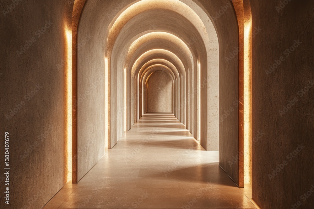 Aufkleber illuminated arched hallway with beige walls and polished floors seamless architecture interior desig