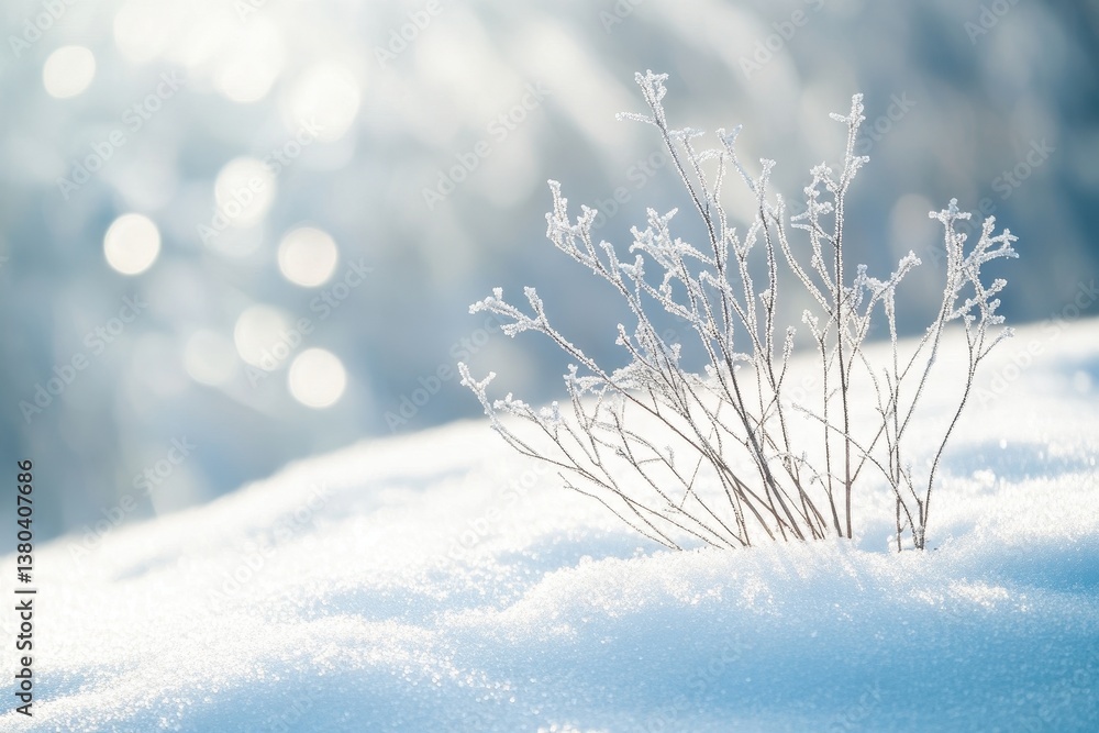 Poster icy plant covered with frost and snow in winter with a bokeh background under bright lighting at day