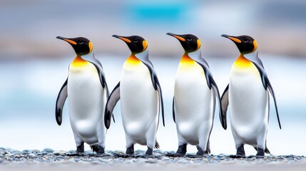 Fototapeta premium Four penguins walking in a line on a rocky beach, showcasing their distinctive black and white feathers with vibrant orange accents.