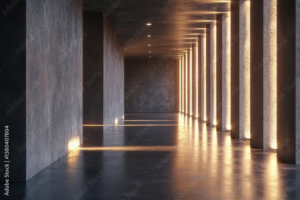 Aufkleber illuminated concrete hallway with warm light columns modern architectural interior design smooth con