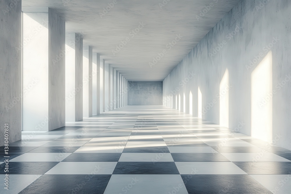 Poster illuminated empty hallway with checkerboard floor and concrete pillars in minimalist style