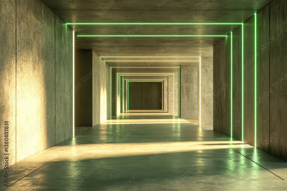 Aufkleber illuminated green and beige concrete corridor with geometric neon lighting modern architecture and s