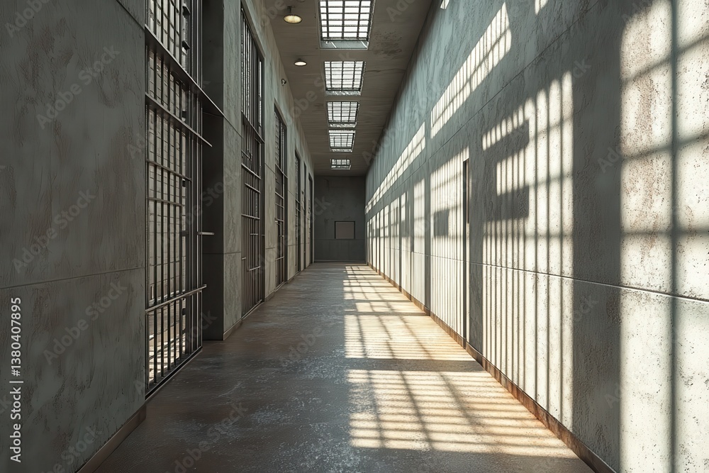 Poster illuminated prison corridor with metal bars and concrete walls sunlight streaming through windows ja