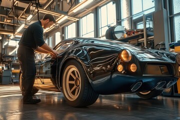 Mechanic in Uniform Inspecting Sleek Black Car in Modern Garage with Sunlight and Detailed Reflections