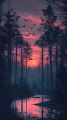 Fototapeta premium Majestic Forest Twilight: Experience the Magic of Nature's Evening Glow with Soaring Birds and Shimmering Stream