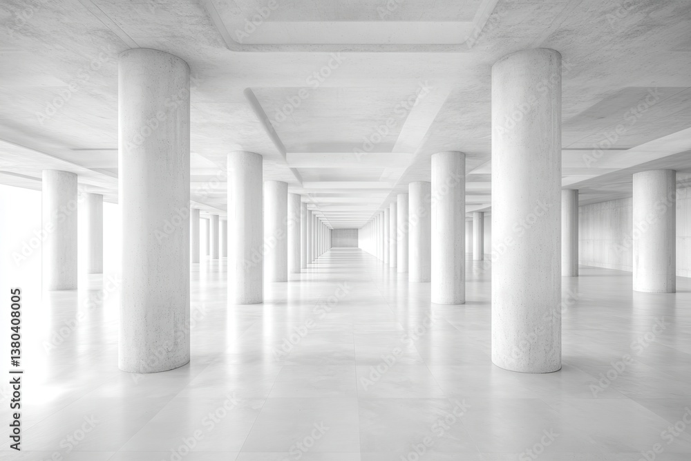Aufkleber Infinite White Column Hallway with Symmetrical Perspective Modern Architecture in Minimalist Interior Design Bright Daylight and Clean Geometric Shapes Creates an Abstract Pattern