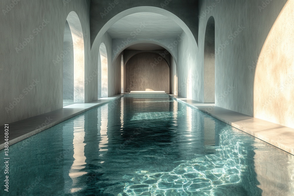 Poster Indoor Swimming Pool with Arched Ceiling and Teal Water Reflecting Light in a Concrete Structure Geometric Minimalist Design with Sunlight and Long Hallways