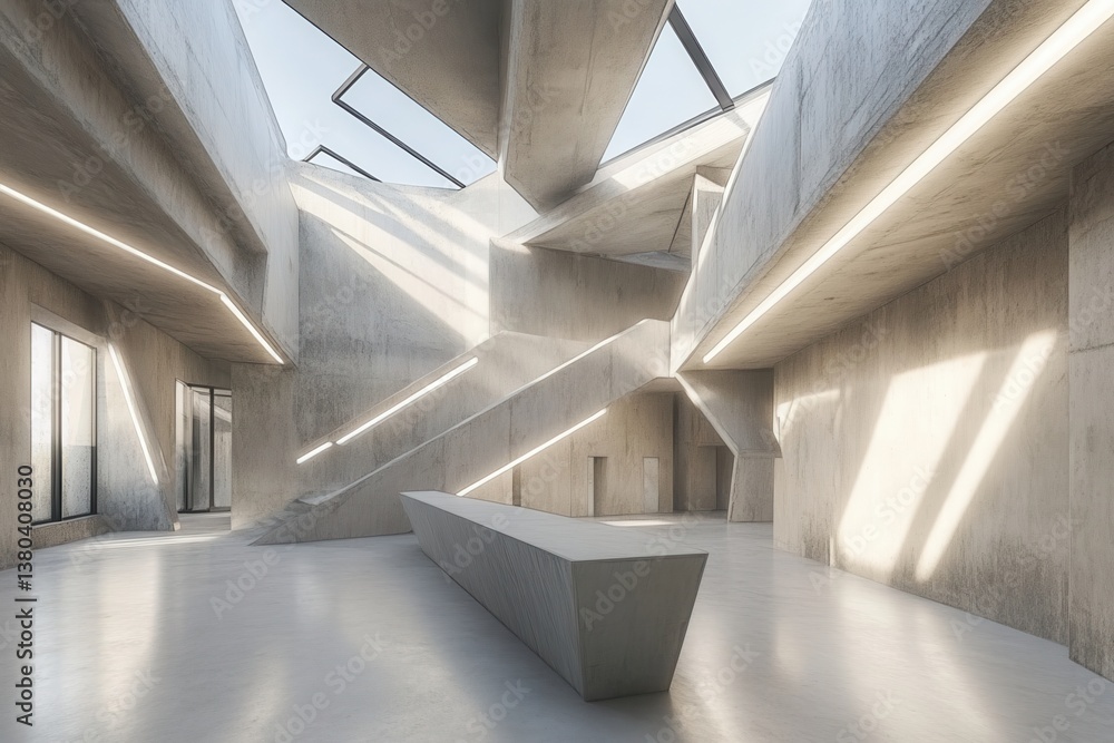 Aufkleber interior view of concrete architecture featuring geometric staircase and minimalist design under nat