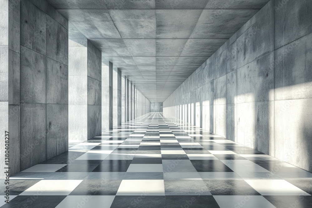 Aufkleber Long Concrete Hallway with Checkerboard Floor in Modern Architecture Interior Featuring Geometric Patterns and Bright Daylight