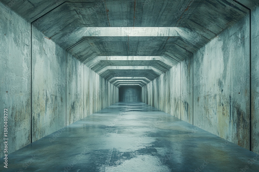 Poster long concrete octagonal tunnel with grunge texture architecture and perspective view
